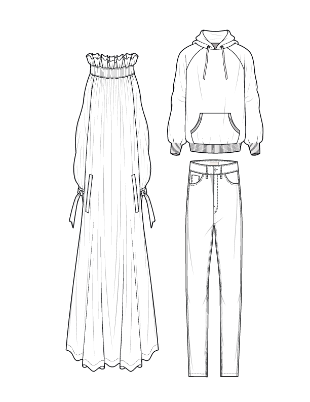 Garment technical drawing reference showing front and back jacket construction
